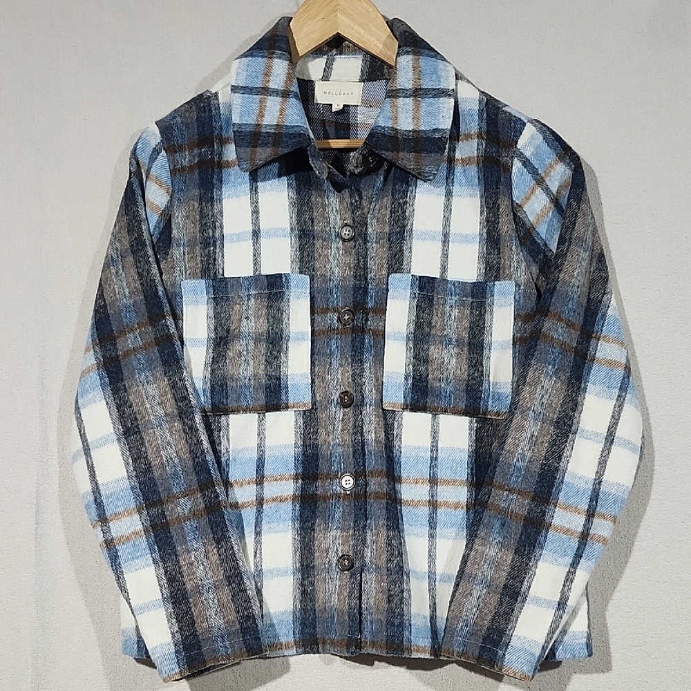 Melloday Womens‎ Blue and Brown Plaid Flannel Shirt / Jacket Button-Up Size M